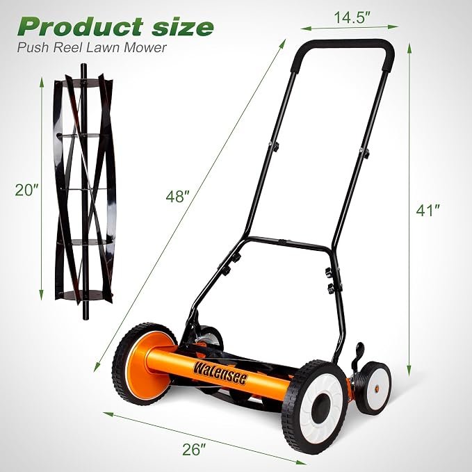 Walensee 20-Inch Manual Lawn Mower, 5-Blade Push Reel, 9 Heights | Precision-Ground Alloy-Steel Blades Deliver Clean Scissor-Like Cuts, While Manual Cordless Operation Keeps Lawn Care Quiet - Image 2
