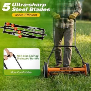 Walensee 20-Inch Manual Lawn Mower, 5-Blade Push Reel, 9 Heights | Precision-Ground Alloy-Steel Blades Deliver Clean Scissor-Like Cuts, While Manual Cordless Operation Keeps Lawn Care Quiet