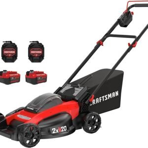 CRAFTSMAN V20 20 in Lawn Mower, 2 x 5Ah Batteries and 2 Chargers Included, High Effeciency Brushless Motor, Push Mower, Up to 50 Min of Runtime, Lightweight, Grass Bag, Low Profile (CMCMW220P2)