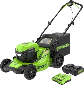 Greenworks 48V 20 in Push Lawn Mower, (2) 4.0 Ah Batteries and ChargerAbout this item Two Greenworks 24 VOLT POWERALL batteries combine for 48 VOLTS of exceptional, better than gas power without leaving the 24 VOLT battery platform Up To 45 Minutes Run-Time With 2 Fully Charged 4Ah USB Batteries. Run-Time Varies Based on Grass Condition and Operator Technique. Dual Port Charger Included Highly efficient brushless motor provides more torque, quiet operation, and longer life Durable steel 20 in. cutting deck gets the job done quicker and more efficiently 4-In-1 System - Mulch, Rear Bagging, Side Discharge, and Turbo Button for leaf pickup and maximum power